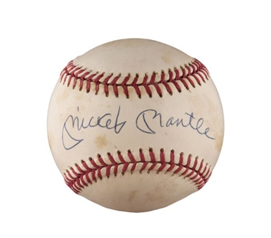 Mickey Mantle Single Signed OAL Brown Baseball (PSA/DNA)
